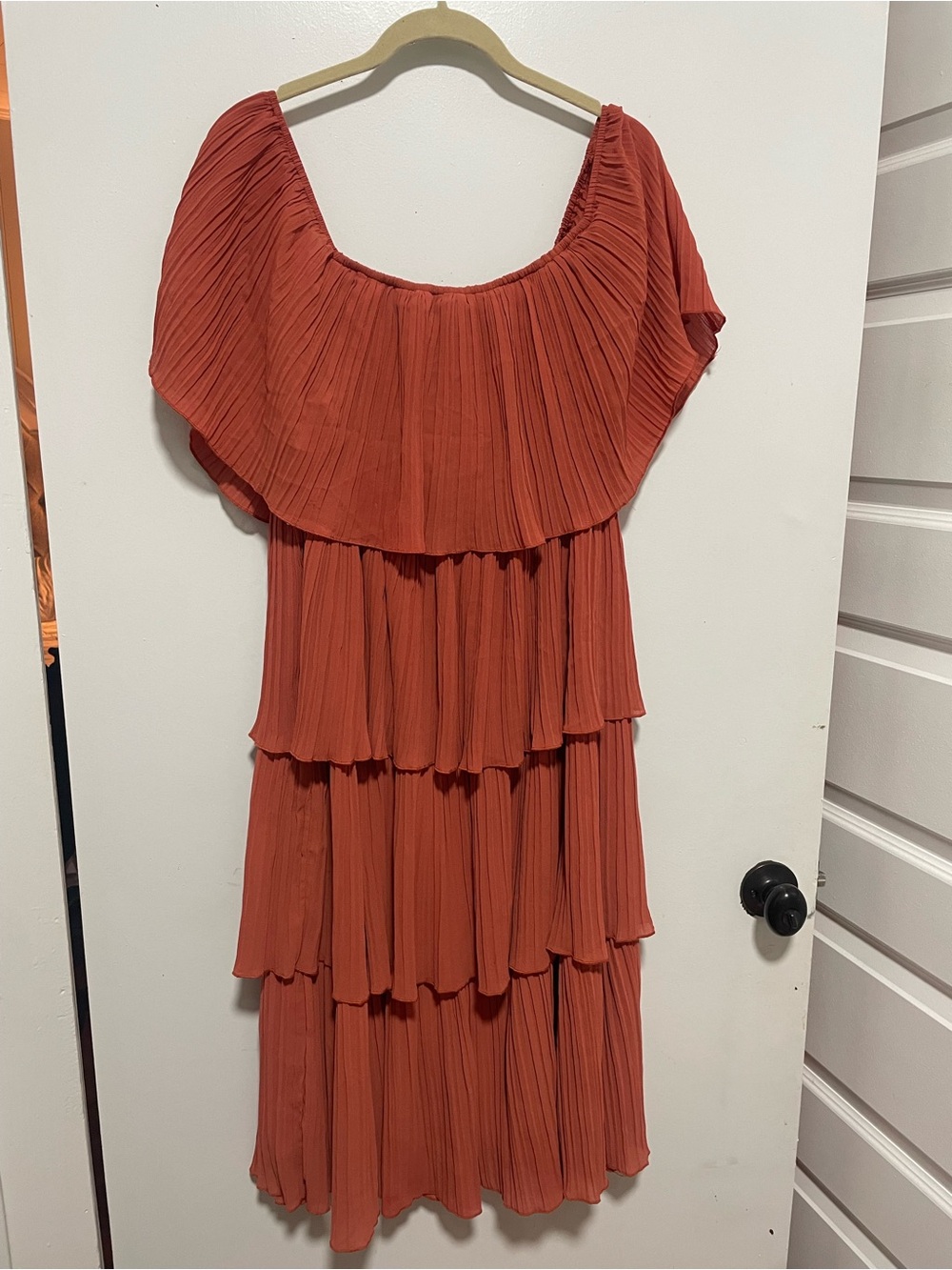 Tiered Pleated Off-Shoulder Dress - Rust